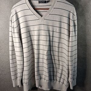 Nautica Mens XXL V-Neck Sweater Beige Striped Navy Blue 100% Cotton Knit...